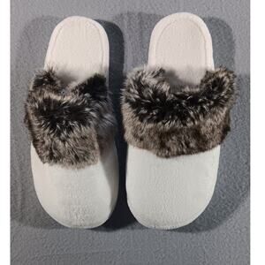 Pottery Barn Faux Fur Slippers White Plush House Shoes Cozy Winter Warm Womens S
